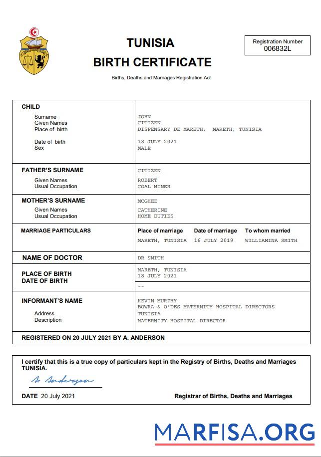 Downloadable Tunisia vital record birth certificate Word and PDF template
